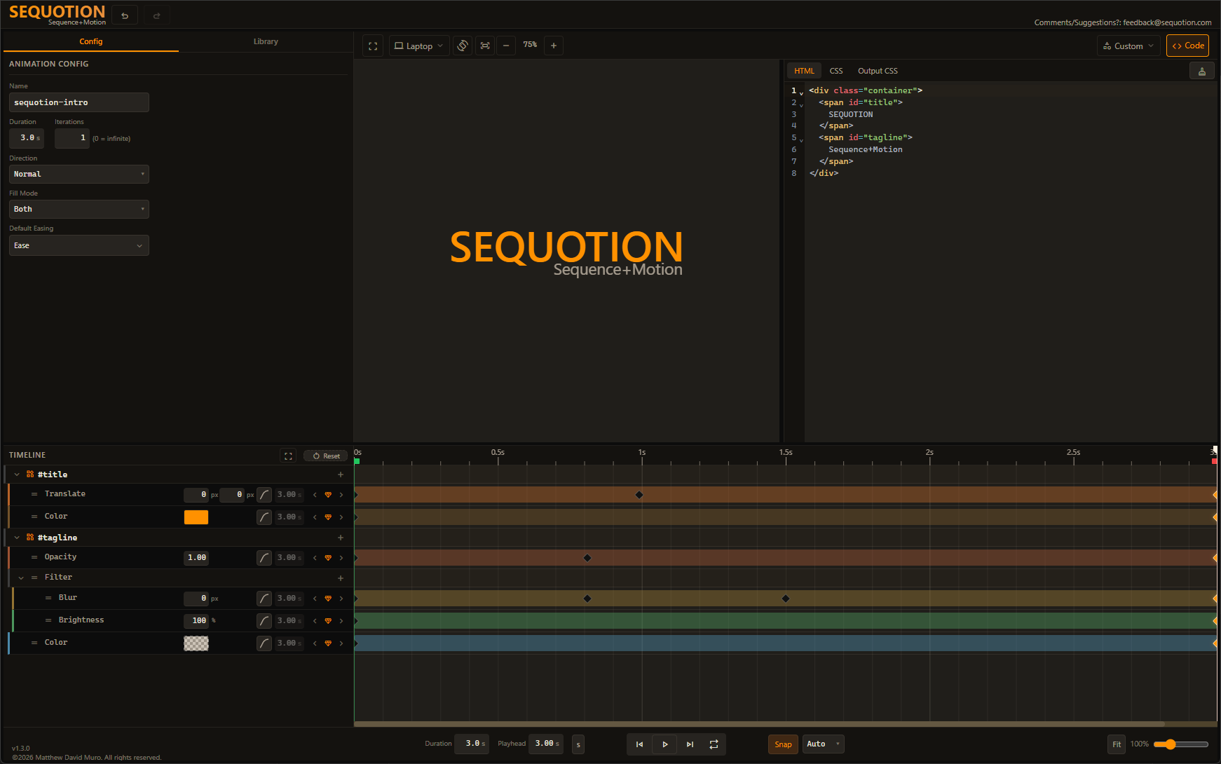 Sequotion app interface showing the visual timeline editor, code panel, preview area, and animation configuration